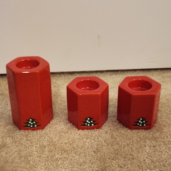 Rare VTG WAECHTERSBACH West Germany Red Candle Holders Christmas Trees Set of 3 - Picture 1 of 7